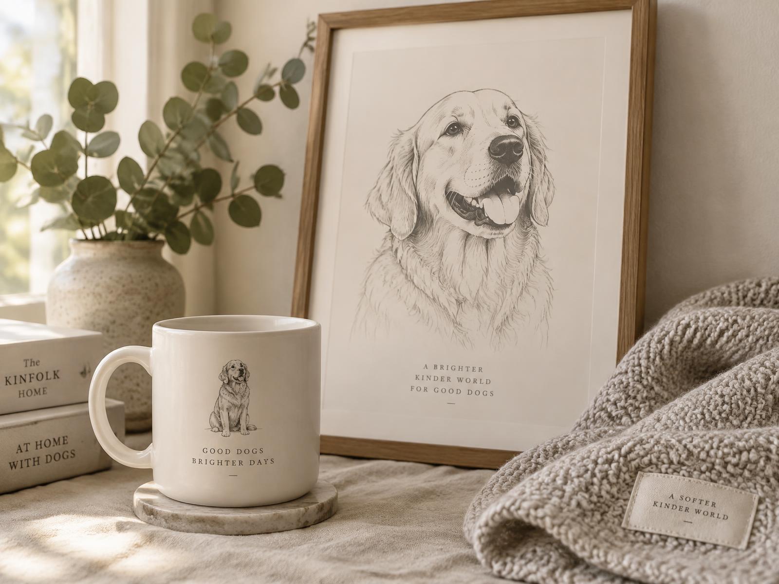 Framed custom dog portrait, personalized cream mug and knit blanket arranged on linen in warm daylight