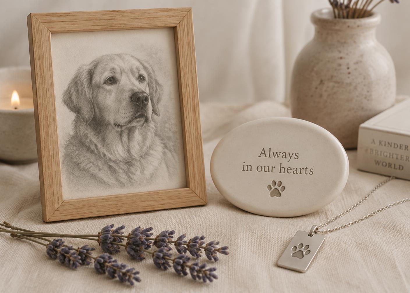 Memorial pet portrait in a light oak frame beside an engraved plaque and a keepsake pendant