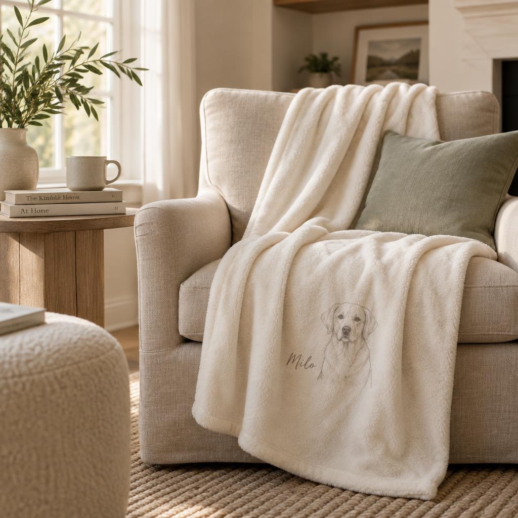 Cream fleece blanket printed with a faint dog portrait and a script name, draped on a chair