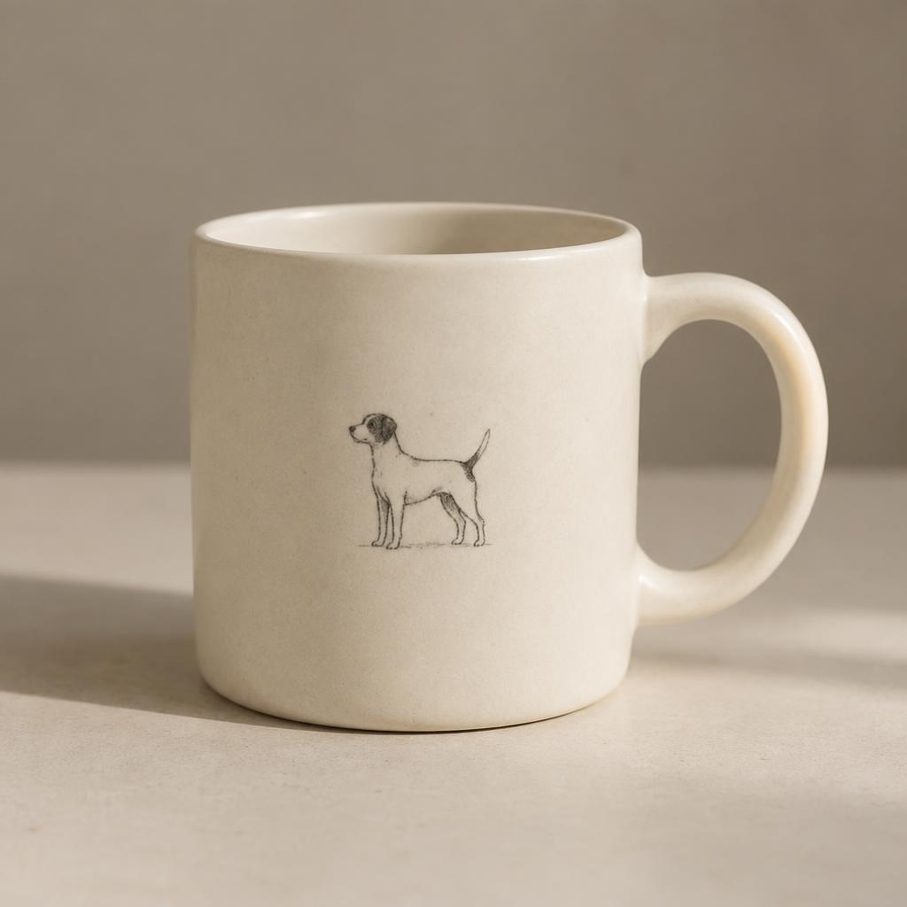 Matte cream ceramic mug printed with a small charcoal line portrait of a dog