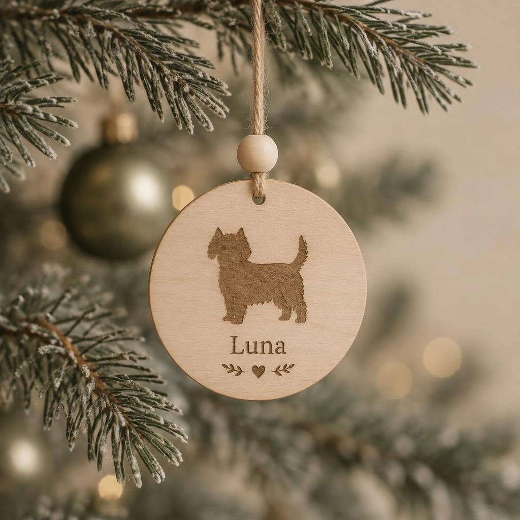 Engraved wooden pet ornament with a dog silhouette and name hanging on a fir branch